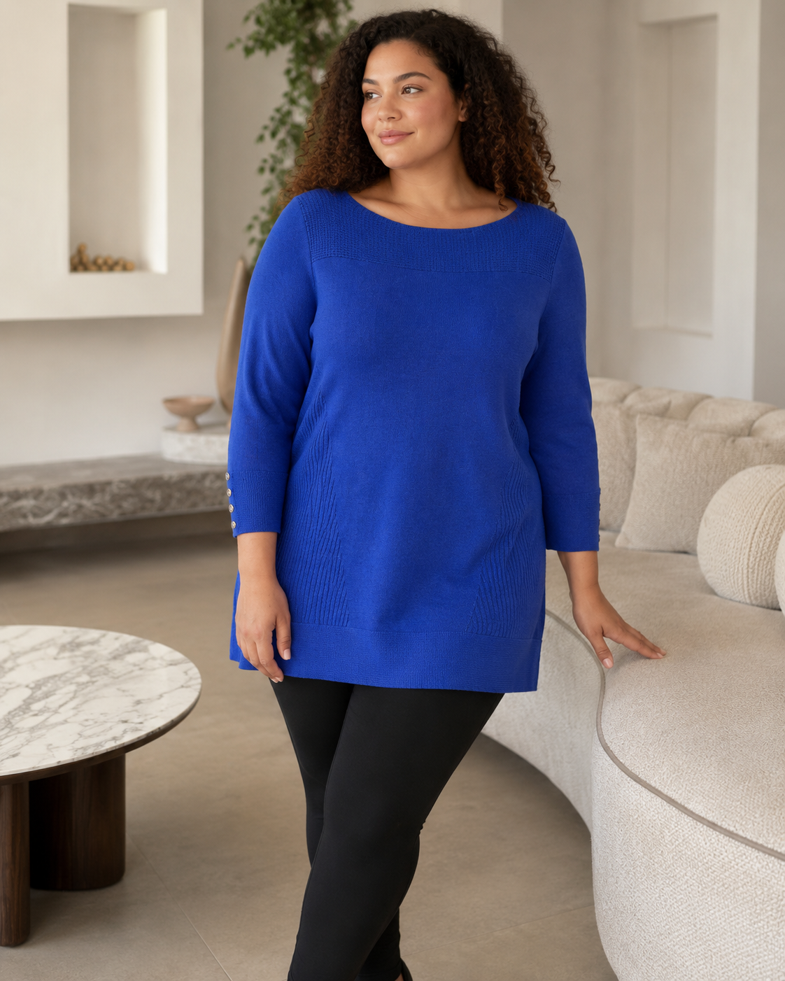 Elora | Plus Size Ribbed Tunic Sweater with Button Cuff Detail