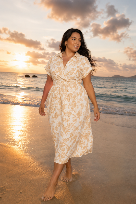 Olivia | Botanical Print Collared Wrap Waist Plus Size Midi Dress for Women in Chic Everyday Style