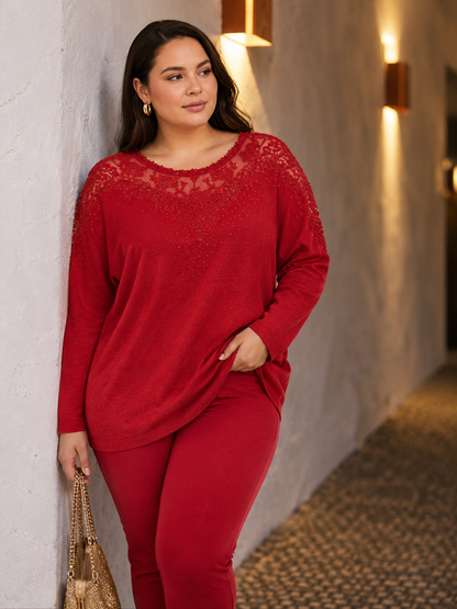 Abigail | Plus Size Lace Embellished Knit Tunic Top