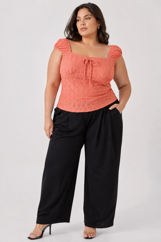 Brooke | Plus Size Knit Eyelet Cap Sleeve Top for Women in Relaxed Summer Style