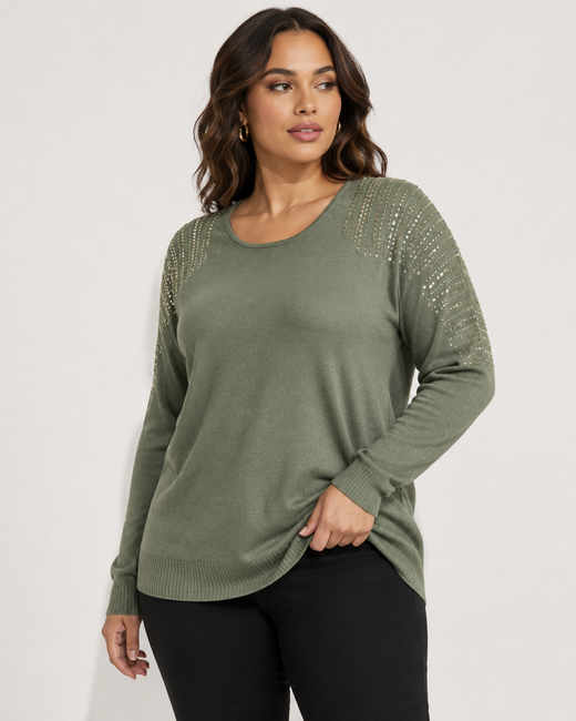 Daphne | Plus Size Sequin Shoulder Knit Top with Tunic Length