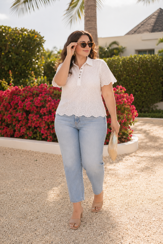 Elle | White Plus Size Eyelet Polo Blouse for Women in Fresh Everyday Style