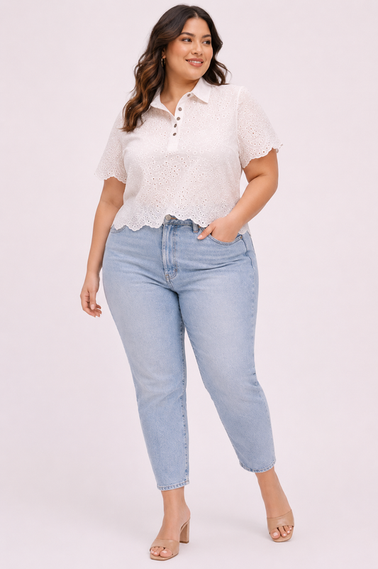 Elle | White Plus Size Eyelet Polo Blouse for Women in Fresh Everyday Style