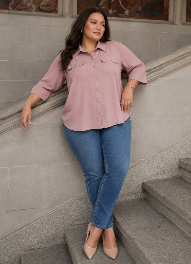 Elodie | Plus Size Button Front Shirt Tunic with Utility Pockets