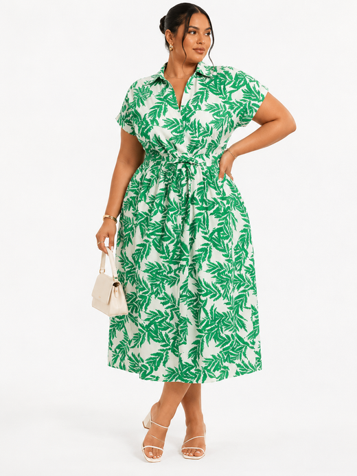 Emma | Botanical Print Collared Wrap Waist Plus Size Midi Dress for Women in Relaxed Boho Style