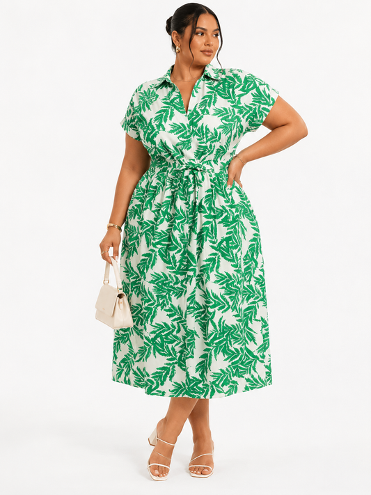 Emma | Botanical Print Collared Wrap Waist Plus Size Midi Dress for Women in Relaxed Boho Style