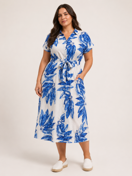 Isla | Plus Size Tropical Leaf Midi Dress for Women in Breezy Summer Style