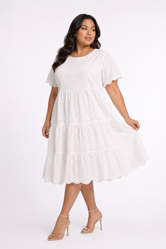 Jade | Plus Size White Eyelet Tiered Dress for Women in Breezy Summer Style