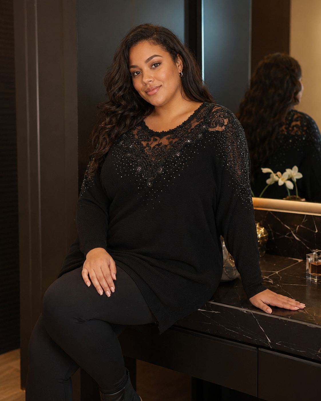 Lauren | Plus Size Embellished Knit Tunic with Lace Detail