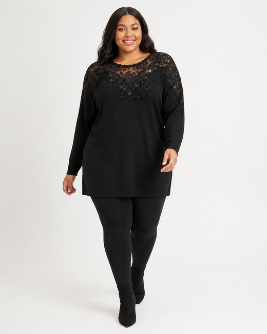 Lauren | Plus Size Embellished Knit Tunic with Lace Detail