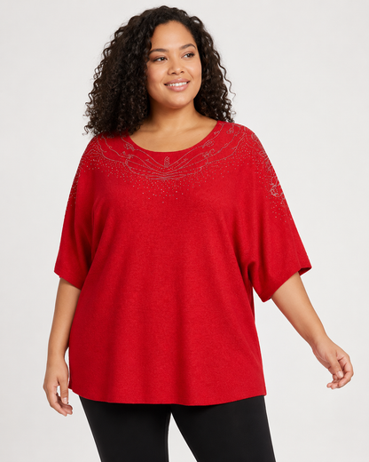 Liora | Plus Size Dolman Sleeve Tunic Top with Embellished Neckline