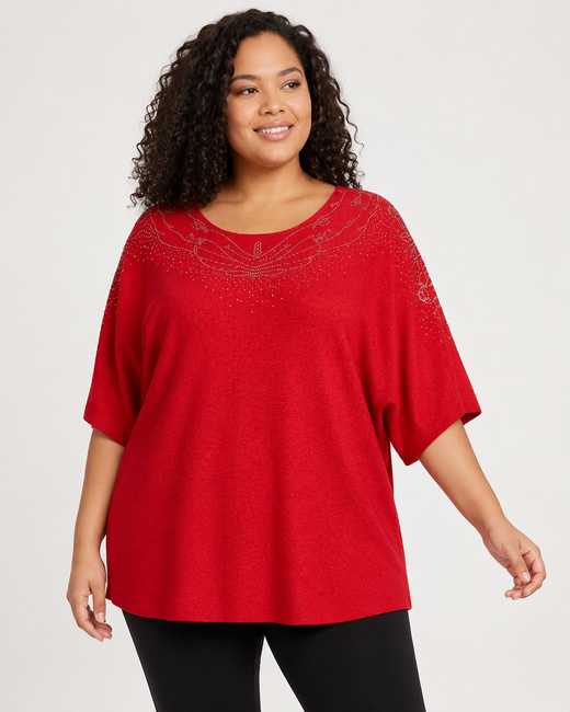 Liora | Plus Size Dolman Sleeve Tunic Top with Embellished Neckline