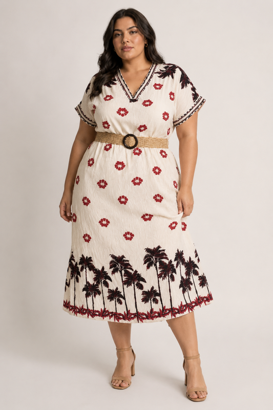 Luna | Plus Size Tropical Border Print Midi Dress for Women in Vacation Style