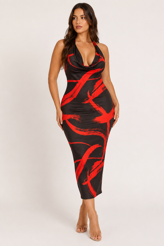 Maya | Fierce Stroke Halter Midi Dress for Women in Chic Going Out Style