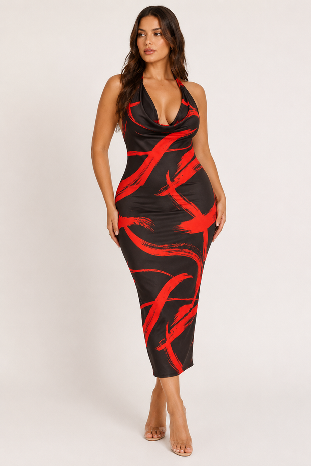Maya | Fierce Stroke Halter Midi Dress for Women in Chic Going Out Style