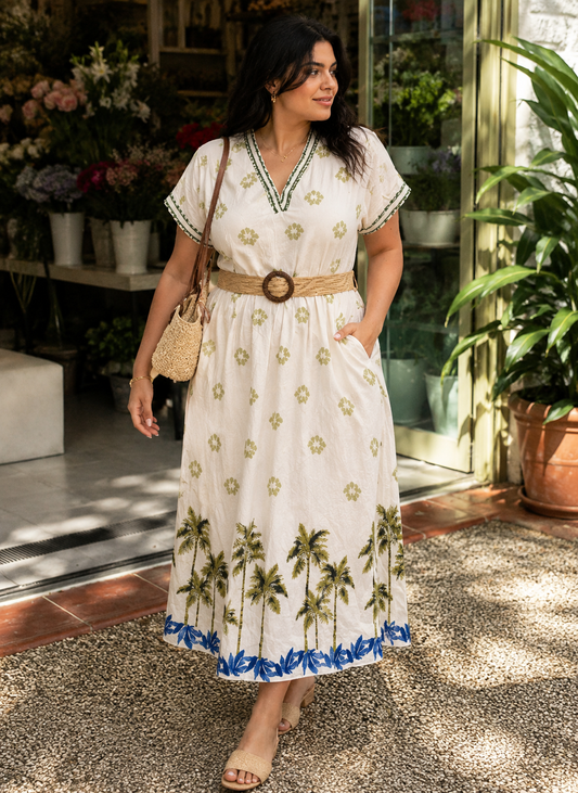 Nova | Plus Size Tropical Border Print Midi Dress for Women in Bold Tropical Style