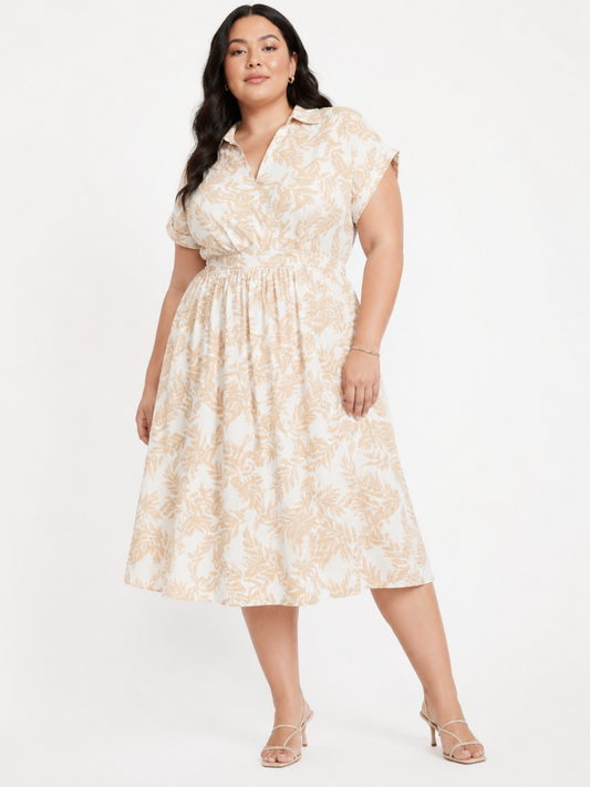 Olivia | Botanical Print Collared Wrap Waist Plus Size Midi Dress for Women in Chic Everyday Style