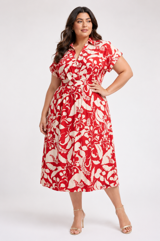 Riley | Floral Print Wrap Tie Plus Size Midi Dress for Women in Romantic Vacation Style