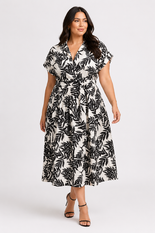 Wren | Botanical Print Collared Wrap Waist Plus Size Midi Dress for Women in Fresh Summer Style