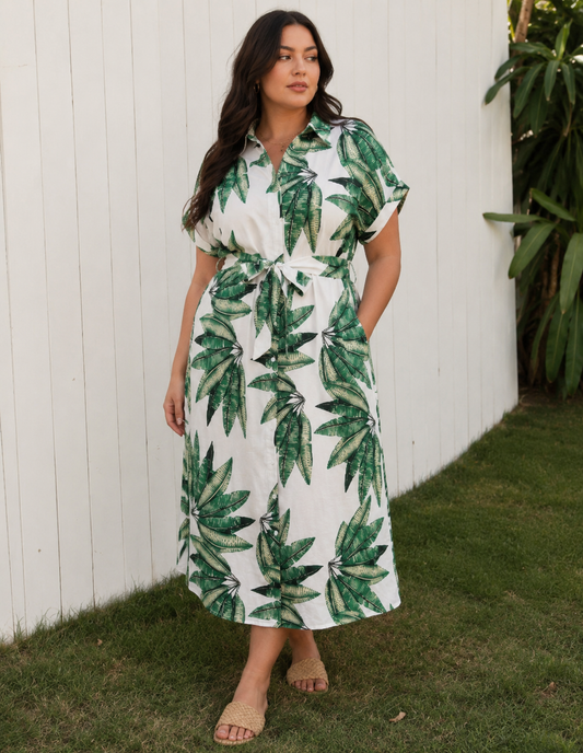 Zoe | Plus Size Tropical Leaf Midi Dress for Women in Flowy Resort Style