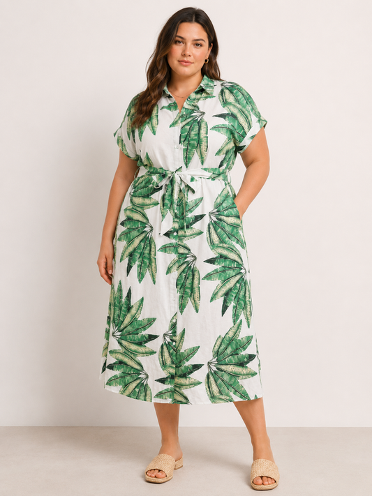 Zoe | Plus Size Tropical Leaf Midi Dress for Women in Flowy Resort Style