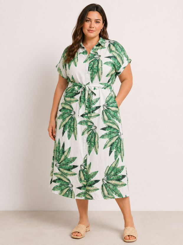 Zoe | Plus Size Tropical Leaf Midi Dress for Women in Flowy Resort Style